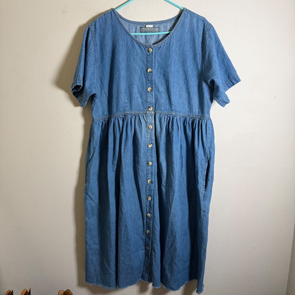 Upper West Side Vintage Denim Babydoll Dress raw hem Midi Pockets XL